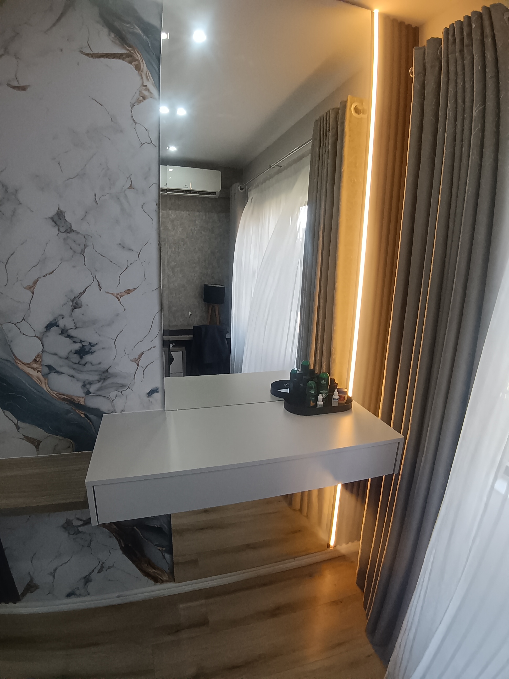 Floating drawer box built into Musgrave bedroom feature wall