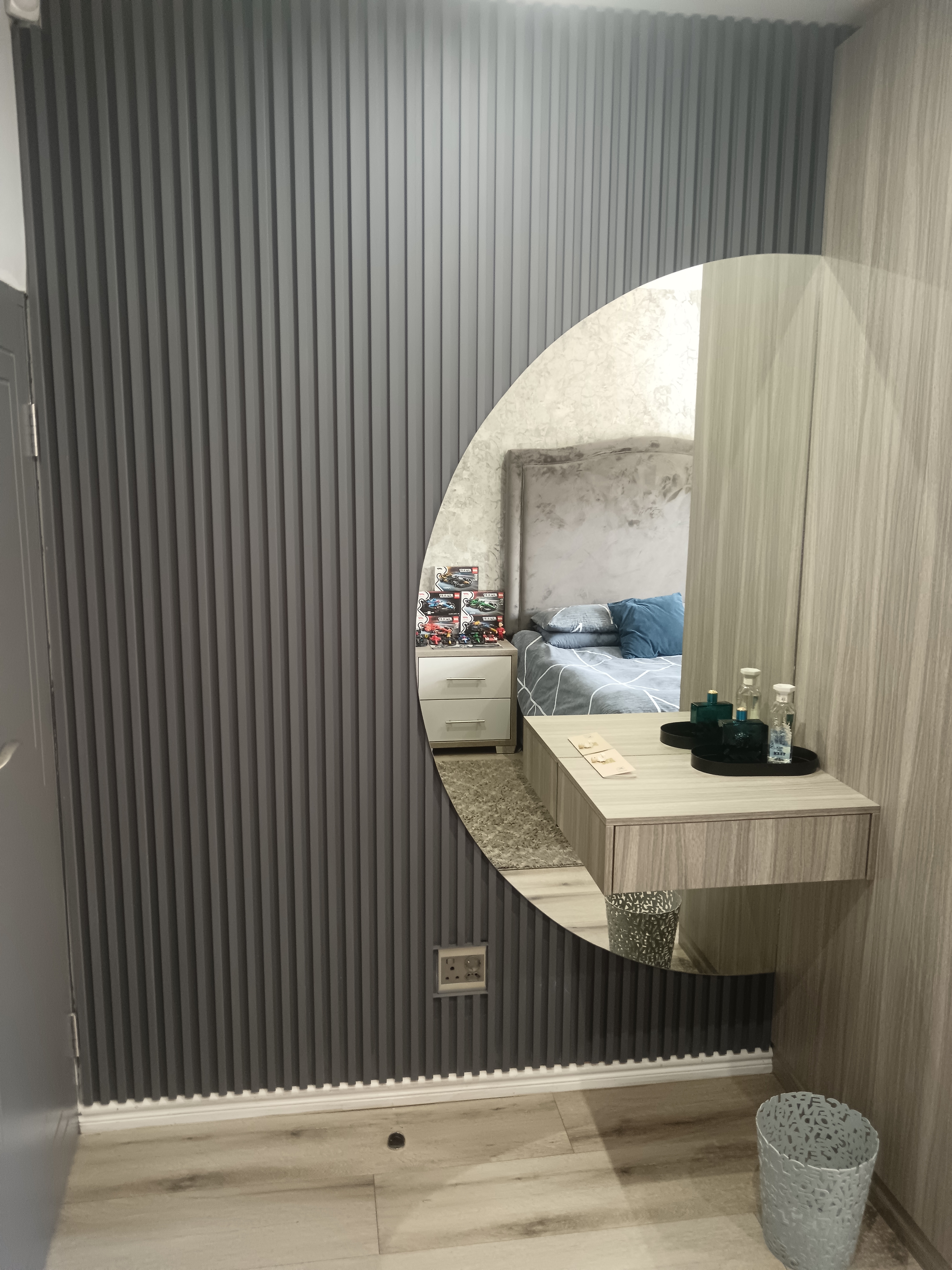 Blue Slat Wall in Musgrave - Built-in floating drawer box in Cascade MDF