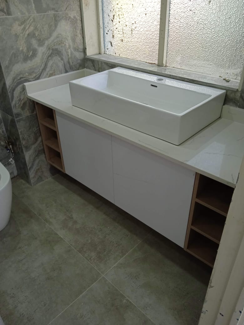 White bathroom vanity unit with rectangular basin and open shelving, Durban